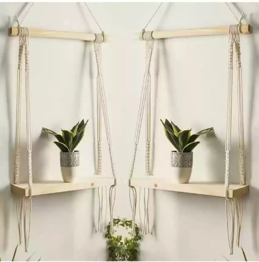 Macrame Wall Hanging Shelf Bohemian Designs Home Decor Natural Pine Wooden Shelves and Cotton Cord with Premium Quality