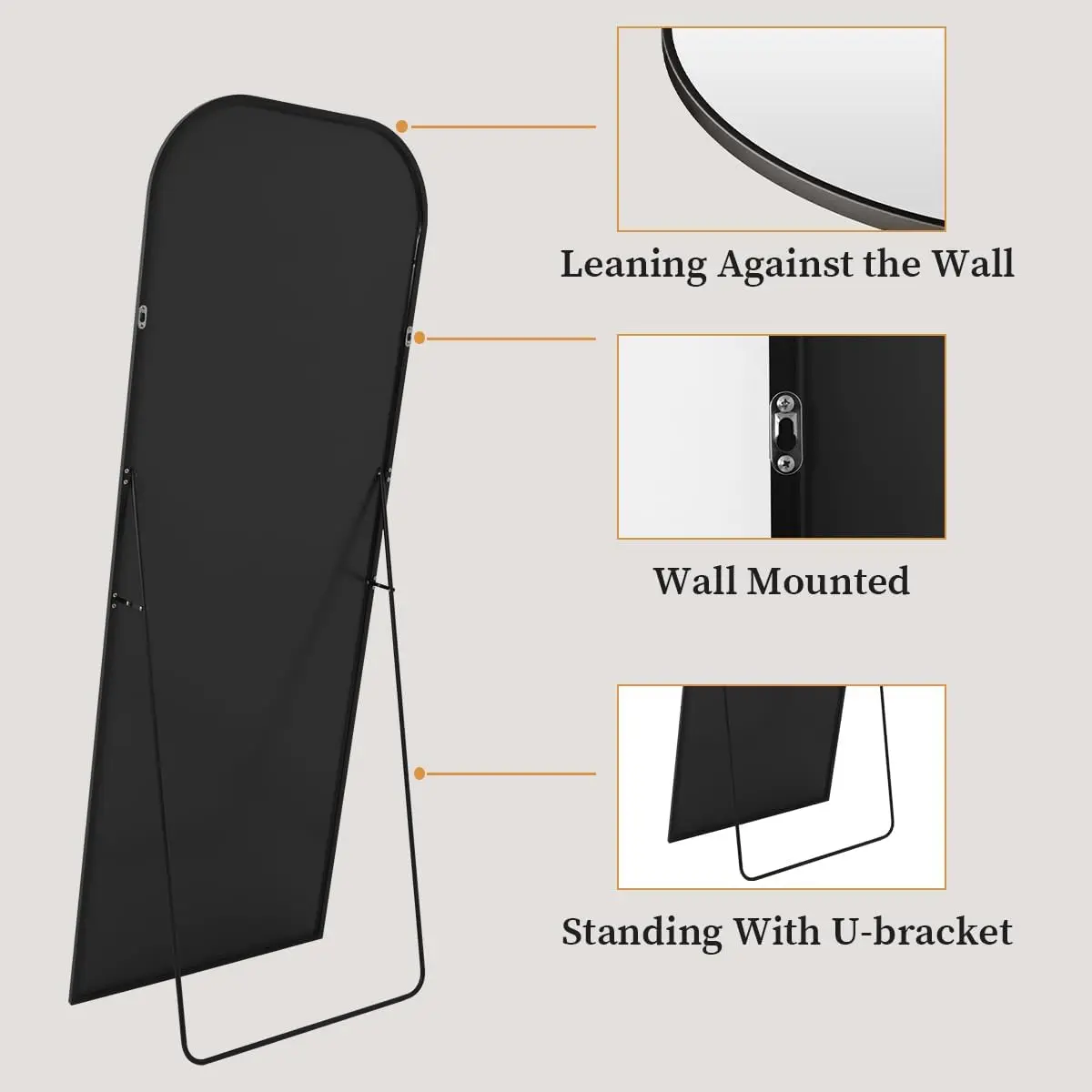 Black full body mirror with round aluminum frame hanging or tilted wall and floor mirror, with bracket, suitable for living room