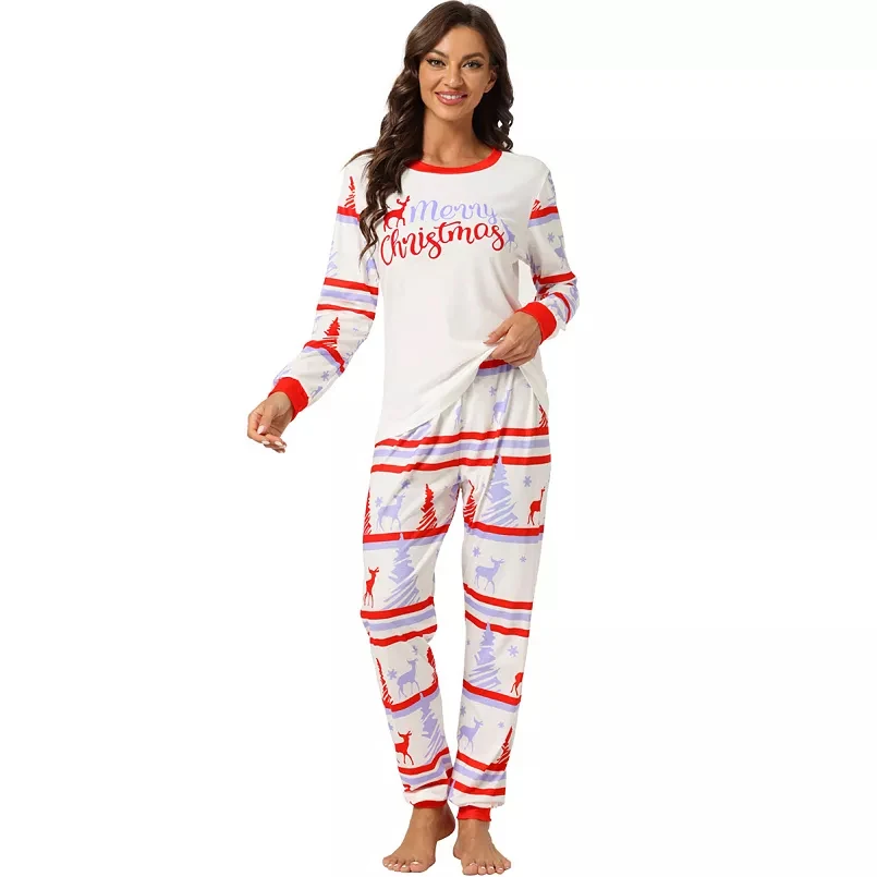 Christmas Sleepwear Long Sleeve Tee With Pants Lounge Holiday Pajama Sets 100% Cotton merry christmas suit