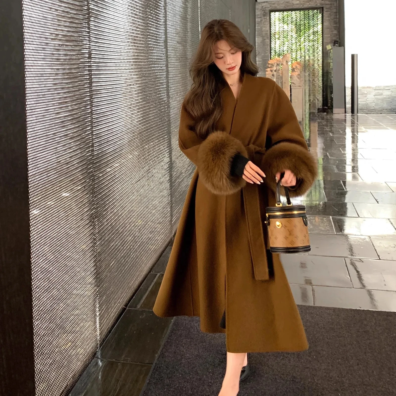women double-sided cashmere coat 2023 autumn winter new v-neck fox fur long woolen coat ladies elegant luxury real wool coat