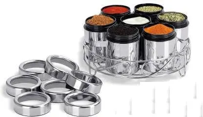STEELE Masala Box for Kitchen  Set of 7 Stainless Steel Containers Handcrafted & Hand Painted Indian Spice Box Container wooden
