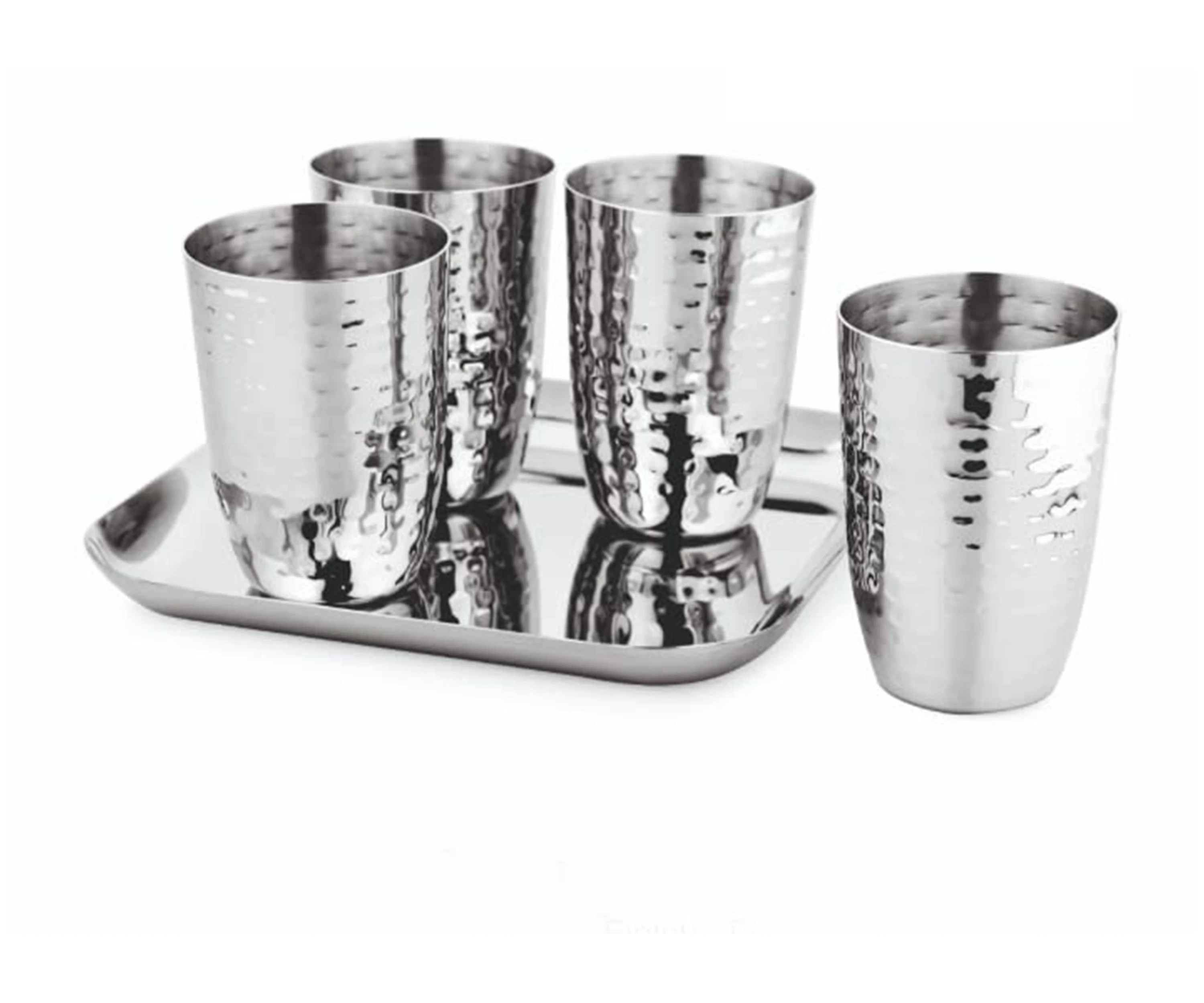 Premium Heavy Gauge Stainless Steel Glass Daily Usage Multipurpose Steel Glass Set With Metal Serving Tray 300 Ml Pack of 5pcs