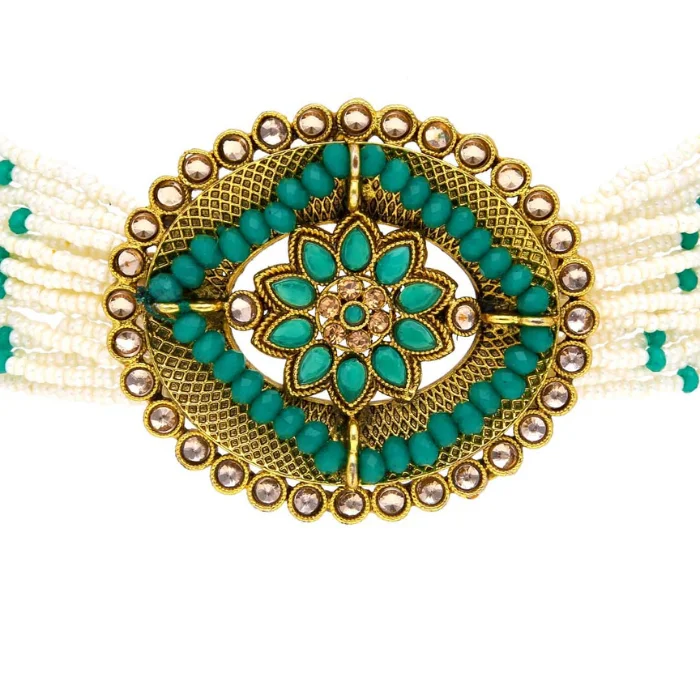 New Design Antique Choker Necklace Set in Gold finish Green Artificial Stone Indian Fashion Jewelry Choker Necklace Sets 2022