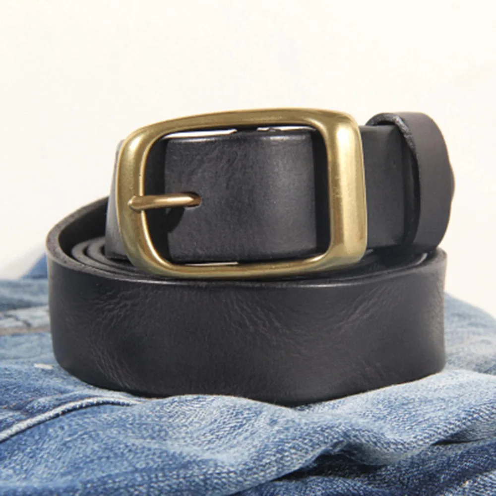 Men Retro Cowhide Leather Brass Pin Buckle Metal Belt Top Quality Solid Pure Cow Skin Belts Men 3.3cm Width