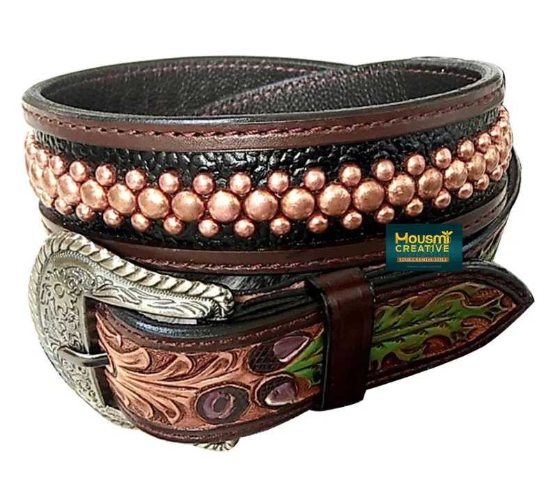 OEM Western Unisex Genuine Cowhide Leather Belt Floral Leaf Hand Carved & Painted Belt Copper Studs Decorations Belt Custom Size
