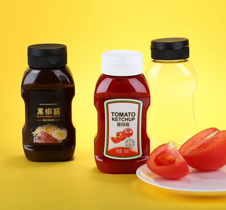 In stock 300ml 360ml food grade PET transparent flat ketchup tomato salad seasoning sauce honey squeeze plastic bottle
