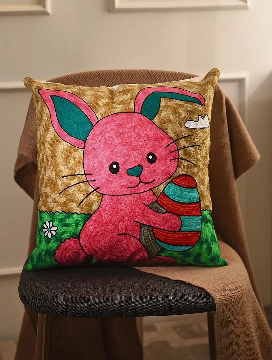 Indian Luxury Home Hand Embroidered Floral Pillow Cushion Cover Sky Blue Cotton Silk Living Room Hotel-Wholesale Home Decor Red