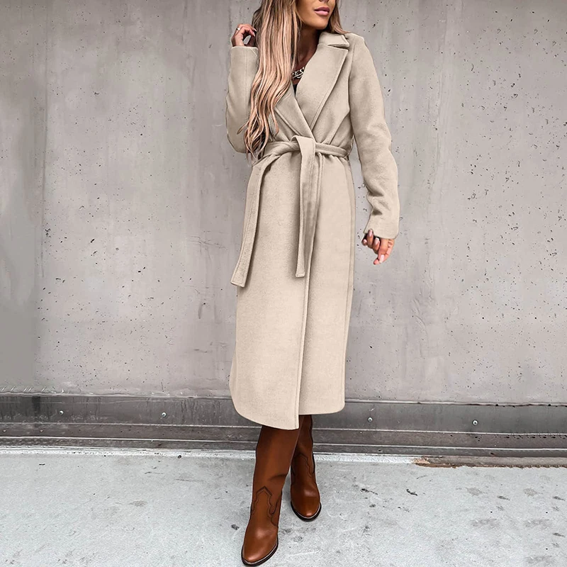 Custom Windproof Classic Lapel Winter Coats Wool Long Trench Coat Women with Belt