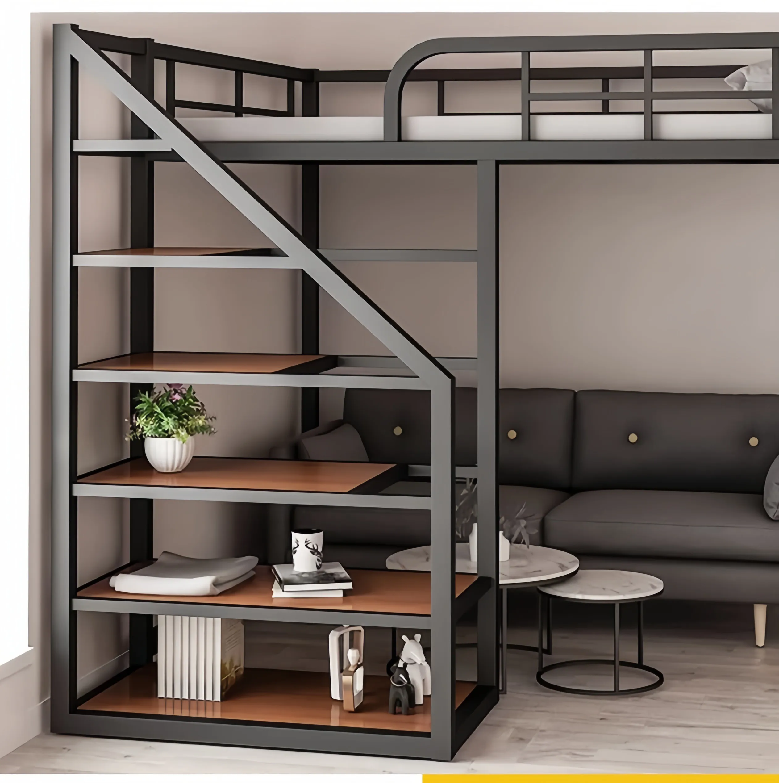 Space-Saving Indoor Home Furniture Luxury Design Stair Bed Bedroom Furniture Metal Frame Bed With Spare Space For Sofa