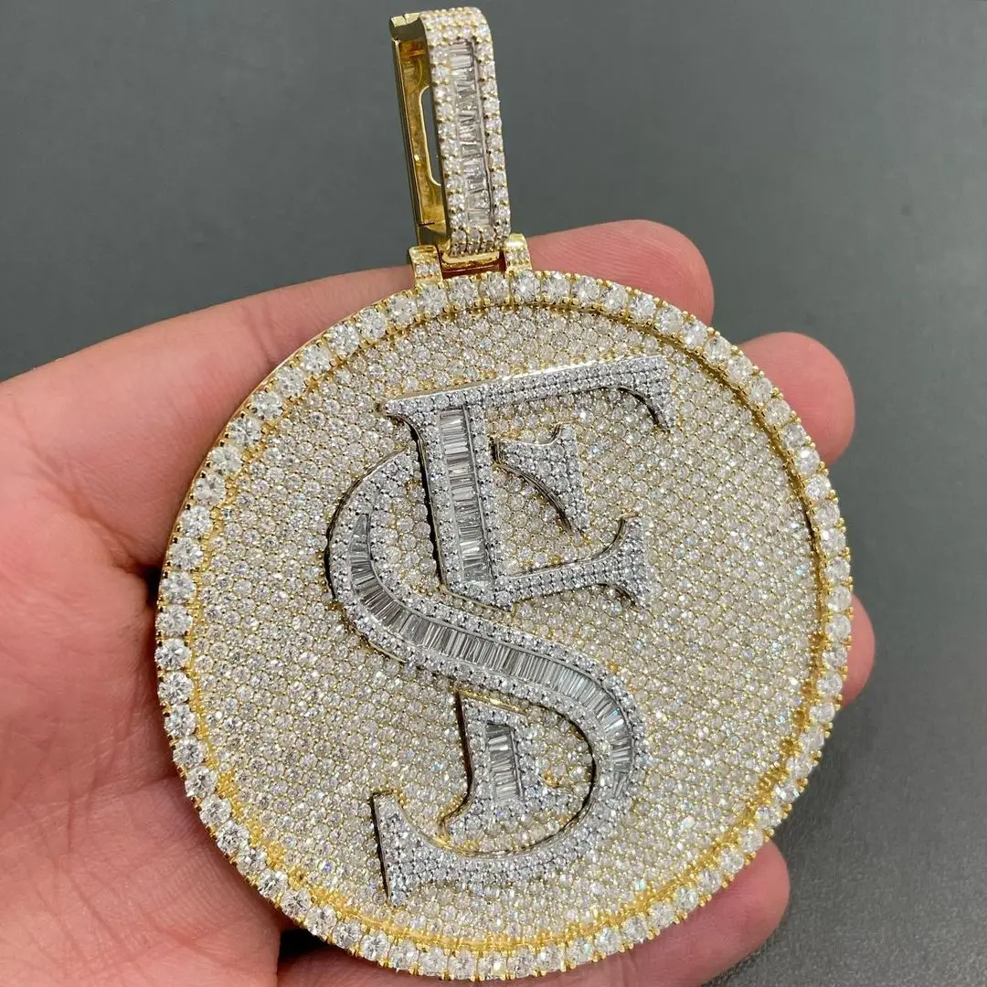 Iced Out Silver Round Pendant Bling Bling Hip Hop Baguette Cut S925 Pass Diamond Tester Moissanite Custom Pendant