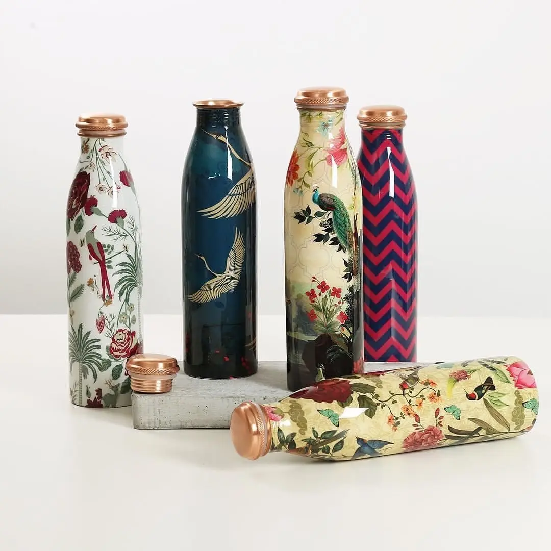 Designer Printed 99.9% Copper Water Bottle for Yoga Unique Style Advance Leak-Proof Lid Outdoor Activities-for Running Camping
