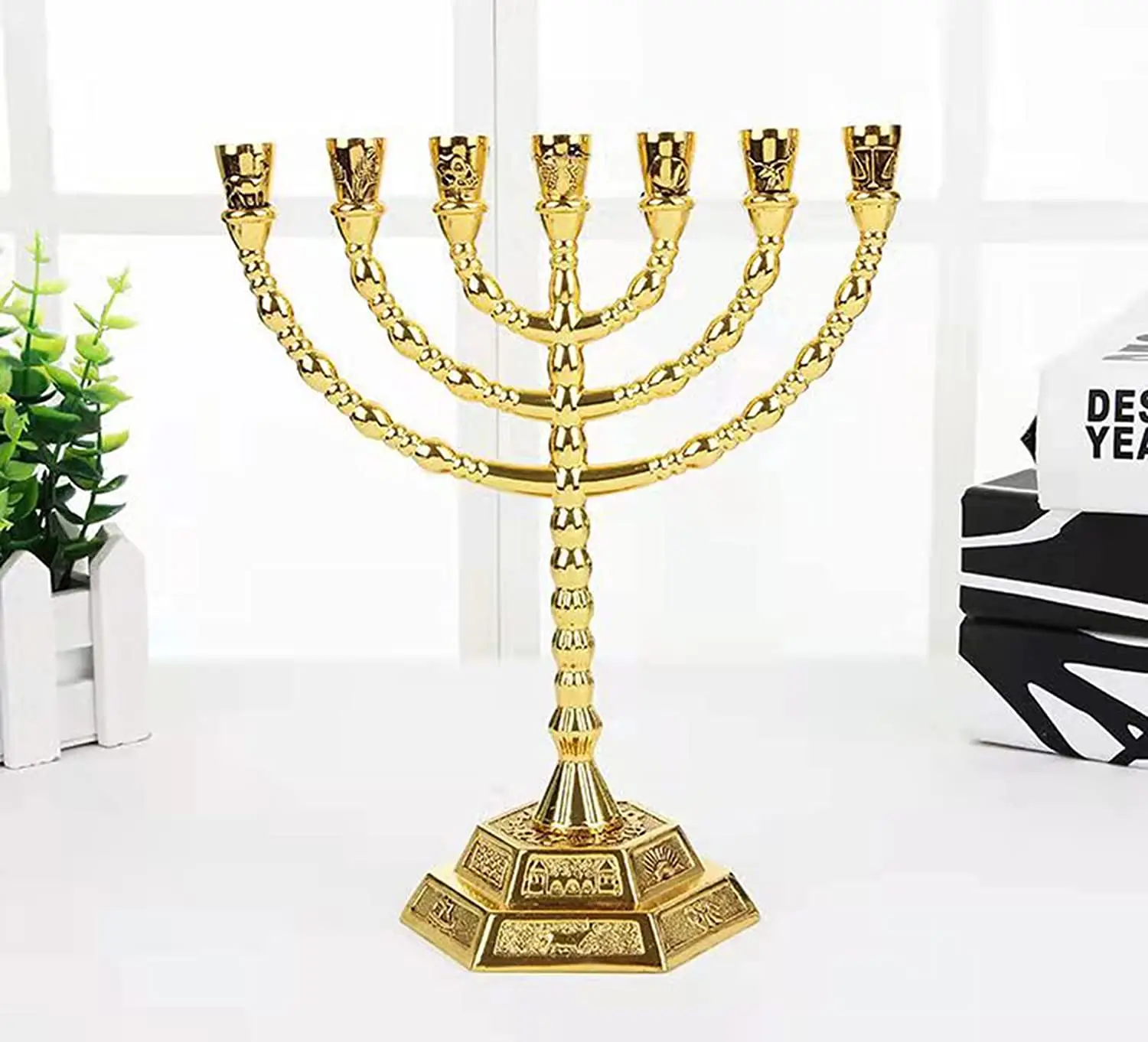 Антикварные еврейские свечи Menorah 7 веток 12 племен Израиля Менора блестящие золотые подходят для Sabbath молитвенные уголки