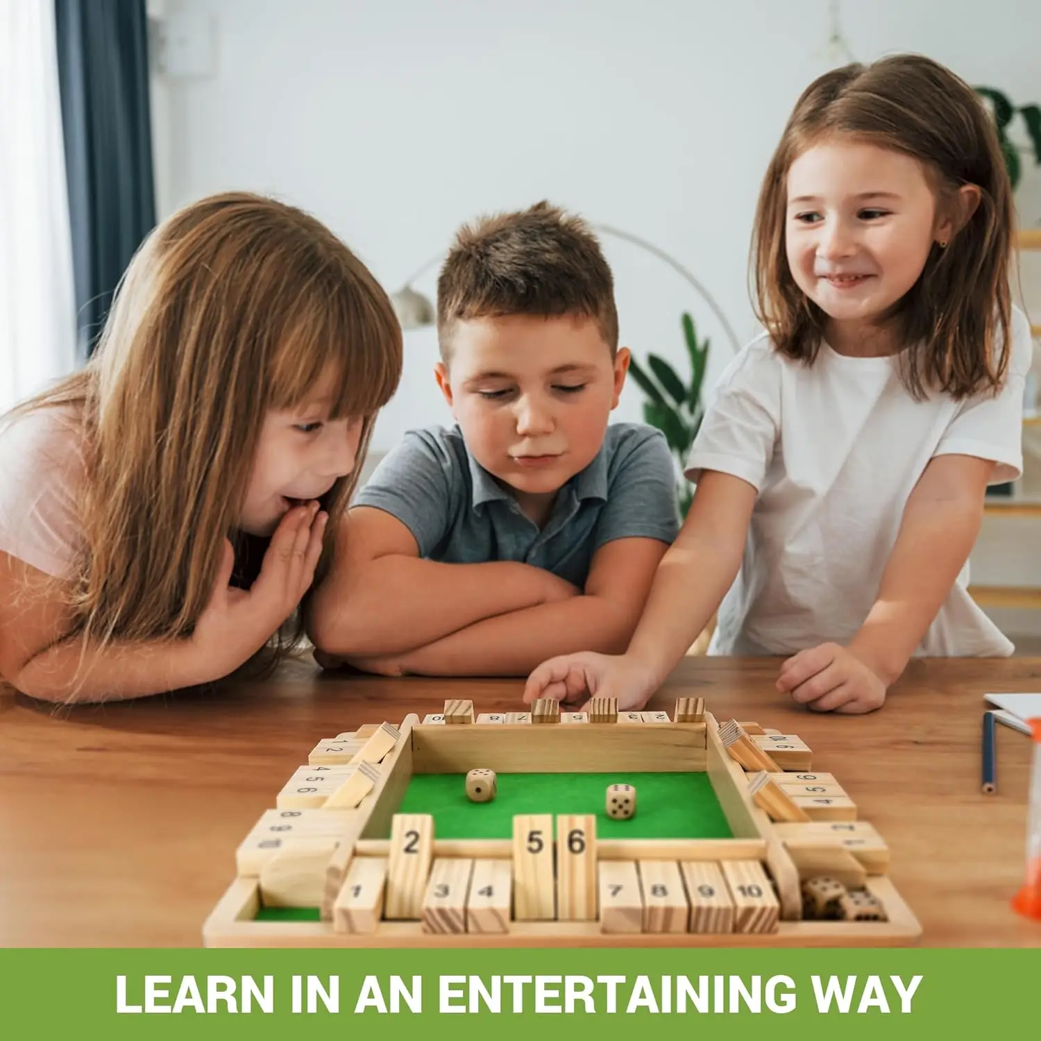 Wooden Shut The Box Game 2-4 Players  12 Inch Large 4 Sided Board with 8 Dice and Rules Fun Addition Game for Kids and Adults