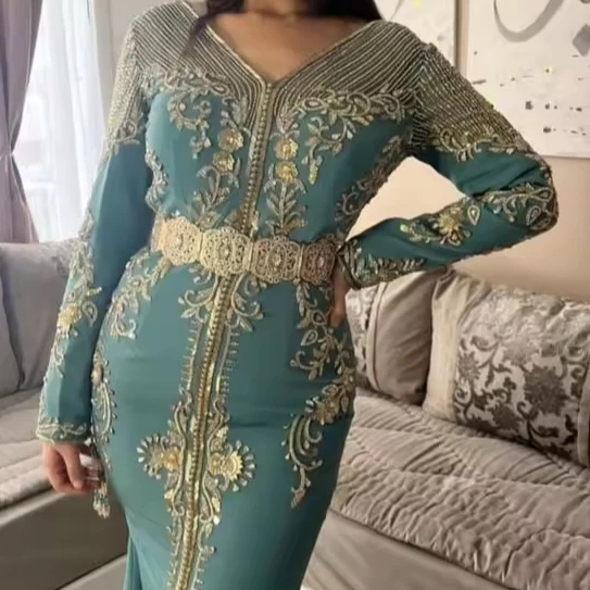 ELEGANT GOLD EMBROIDERY WORK ON STYLISH CAFTAN DRESS WITH EMBELLISHED CRYSTAL GLASS BEADS,STONE,SEQUENCE,DABKA WORK @ 2024