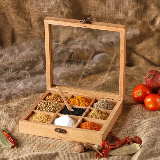 Premium Quality Natural Finished Solid Wood Spice Box Storage Container Jars With Spoon Manufacturer Indian Factory