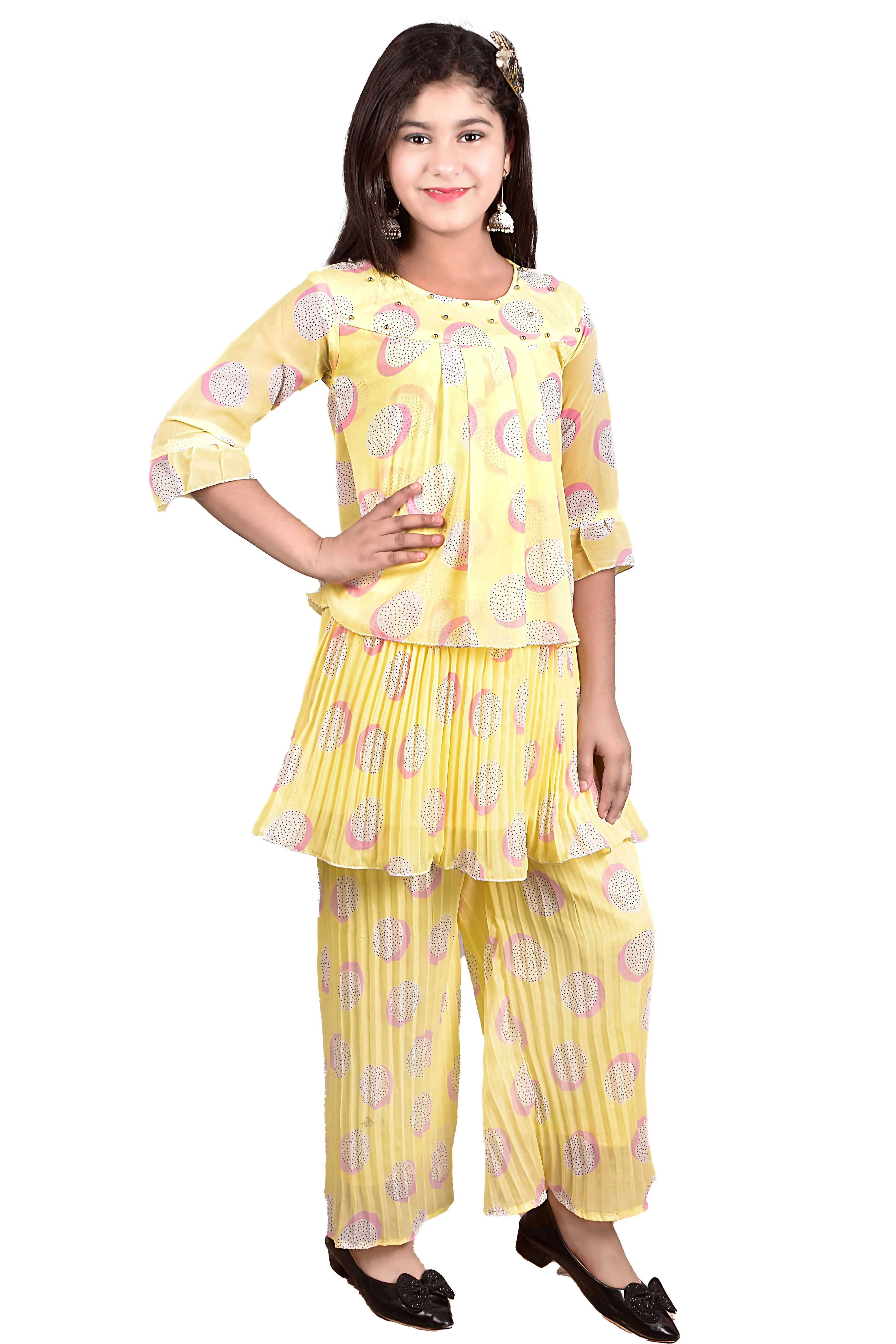 High on Demand New Design Indian Exporter Girls Clothing Cotton and Chiffon Kurti Plazzo Set for Festive Wear