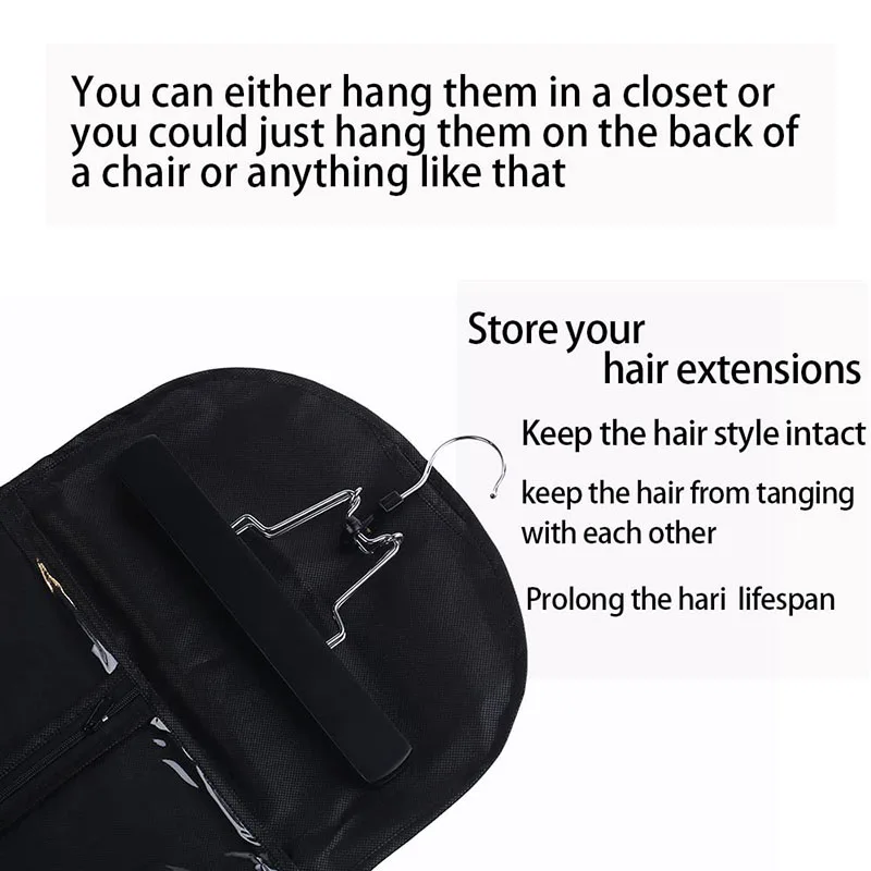 Custom Logo Travel Hair Extensions Hanger Hairpieces Zipper Carrier Case Wig Storage Bag With Hanger