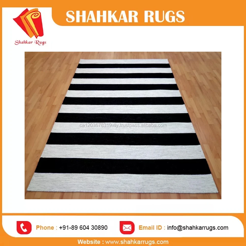 Carpet Rugs Handmade Dhurrie Indian Stripe Flat Weave Wool Black White Classic Rectangle Black & White / Customisable IN;34648