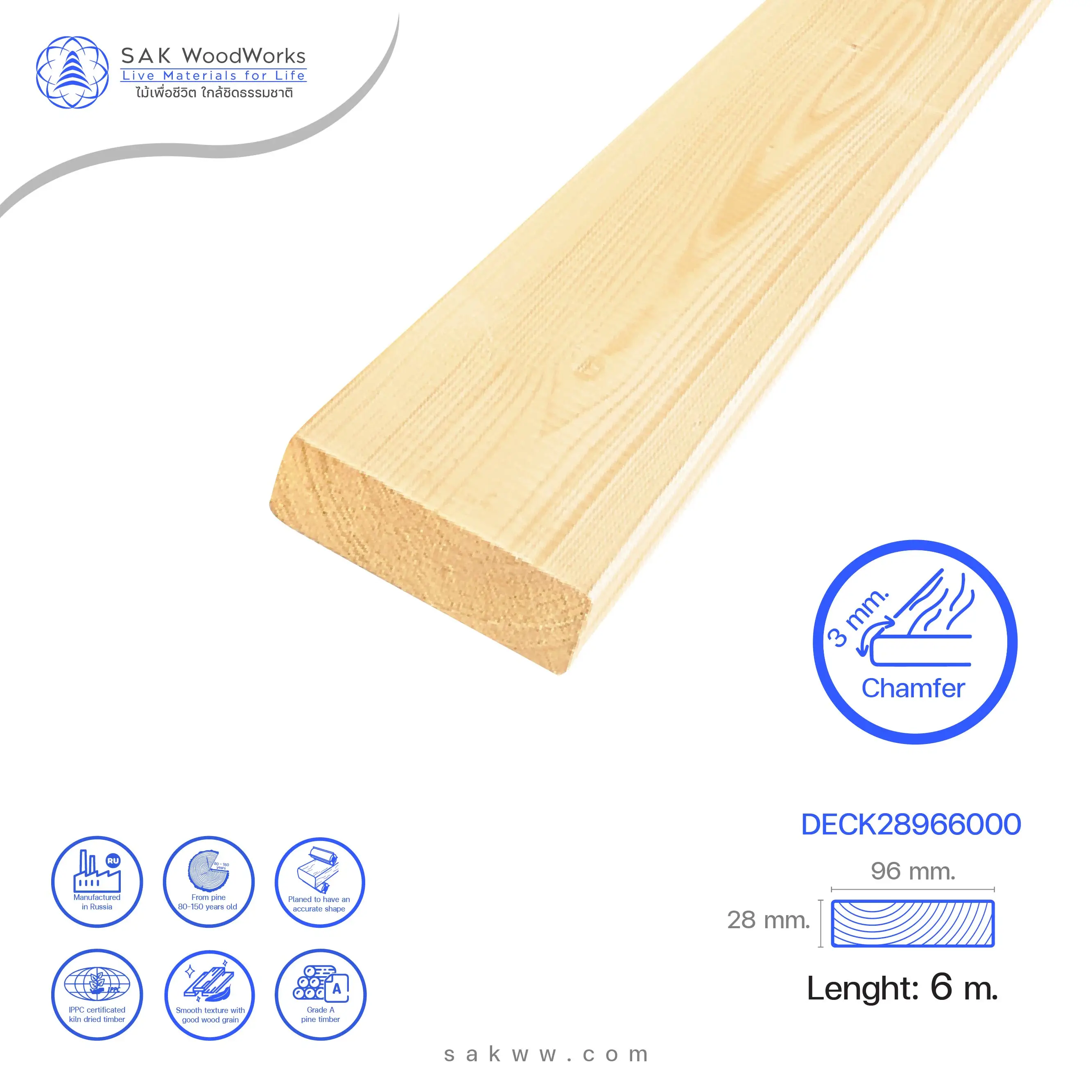 SAK WoodWorks Pine Wood Outdoor Decking Board Premium Quality 28mm x 96mm x 6000mm Chamfered Edges for Outdoor Durability