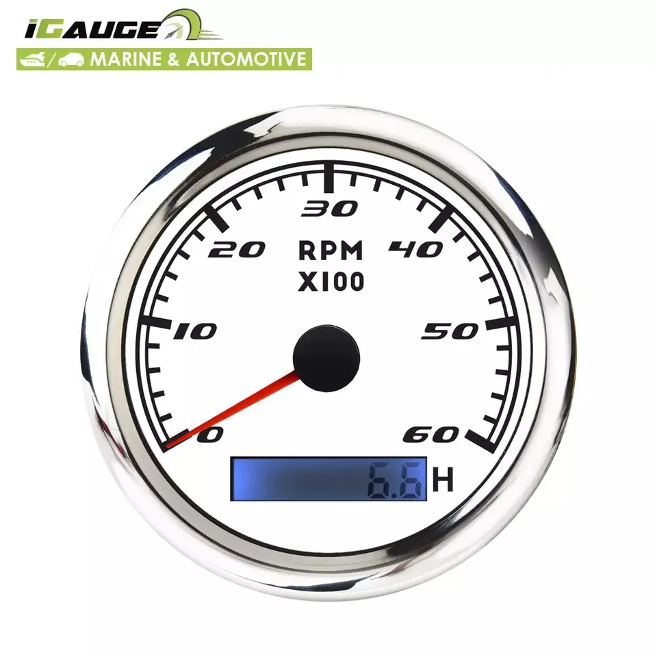 85mm 60 RPM electrical white face red LED tachometer with hour meter for marine and automotive