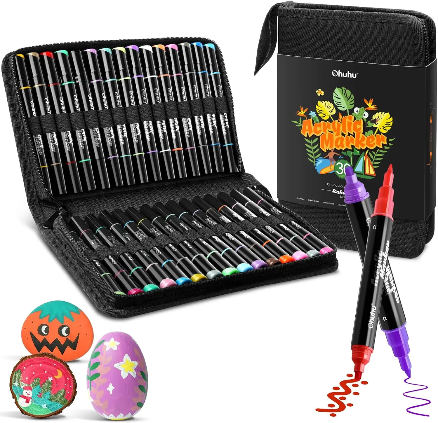 Ohuhu 30 Colors Acrylic Markers Dual Tips High Paint Markers Waterproof for Rock Painting Easter Eggs Wood Glass Ceramic Canvas