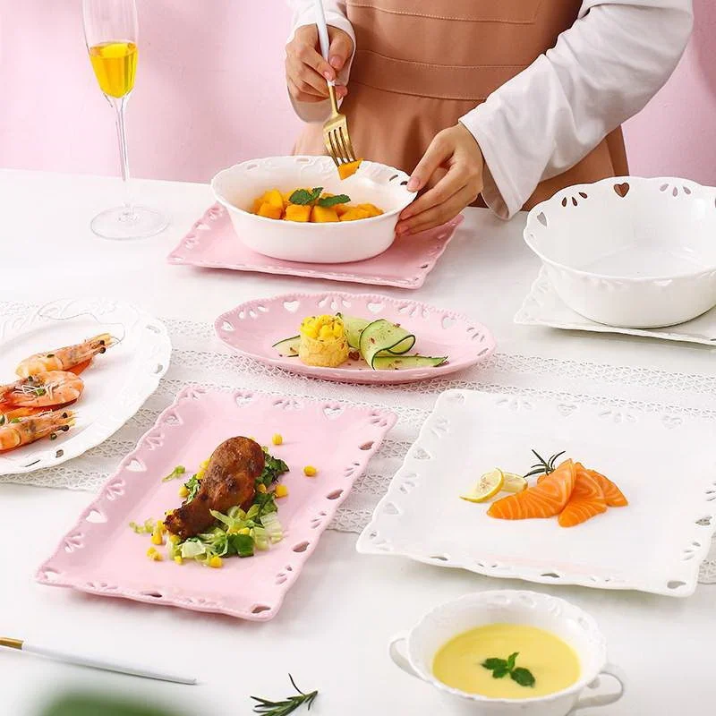 Wedding Factory Direct French Hollow-out Dinner Set Square White Porcelain Dinnerware Sets Pink Ceramic Plates Sets