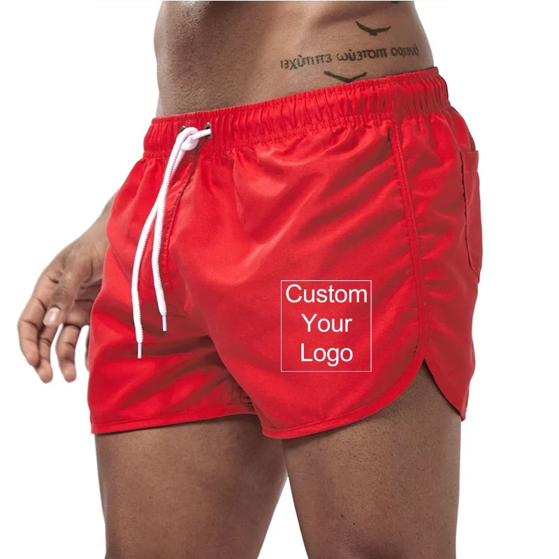 Custom Logo Mens Summer Beach Shorts Swimwear Solid Color Quick Dry Gym Sexy Shorts Men