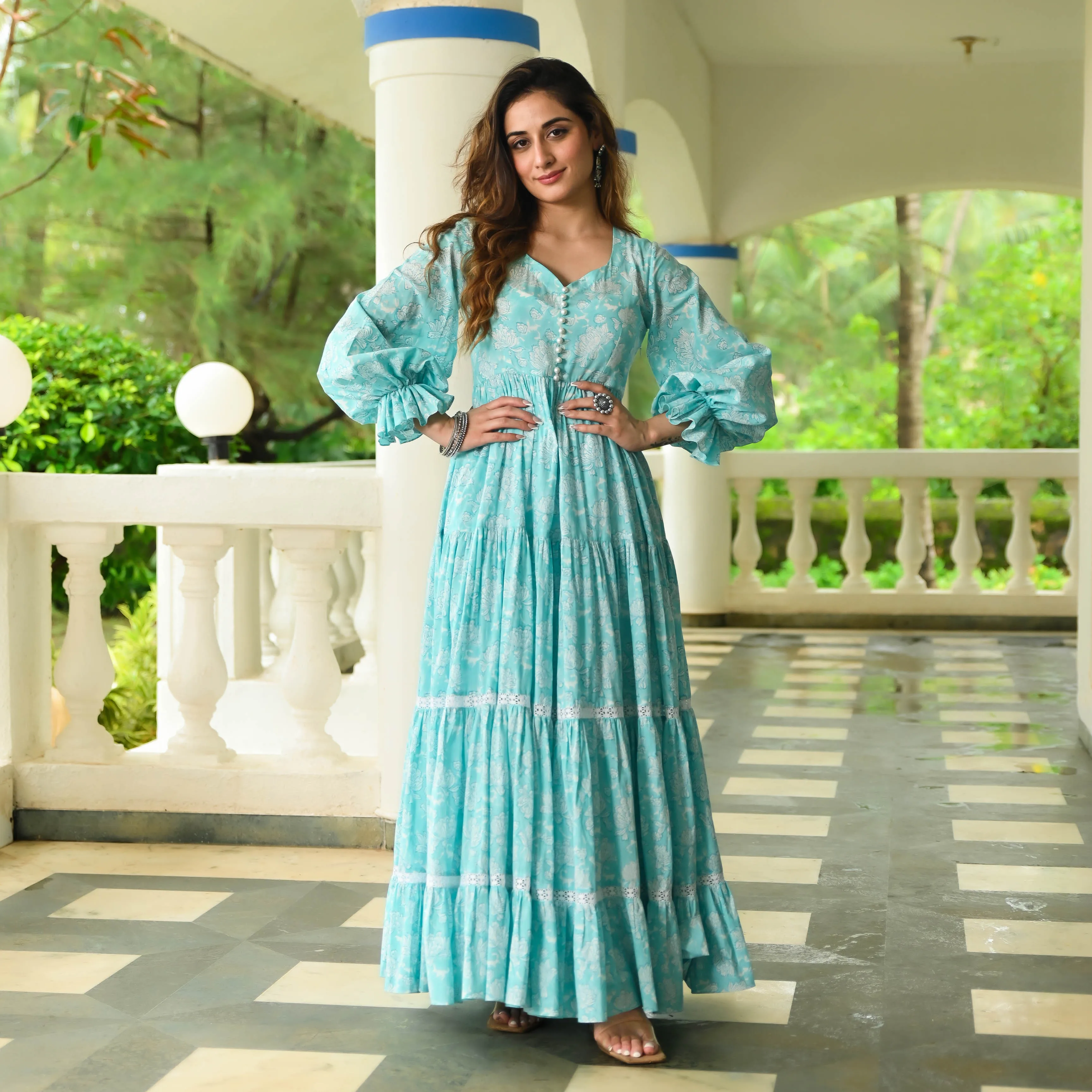 Модные индийские платья для женщин цветочный принт длинный рукав v-образный вырез длина в пол вечернее платье Макси