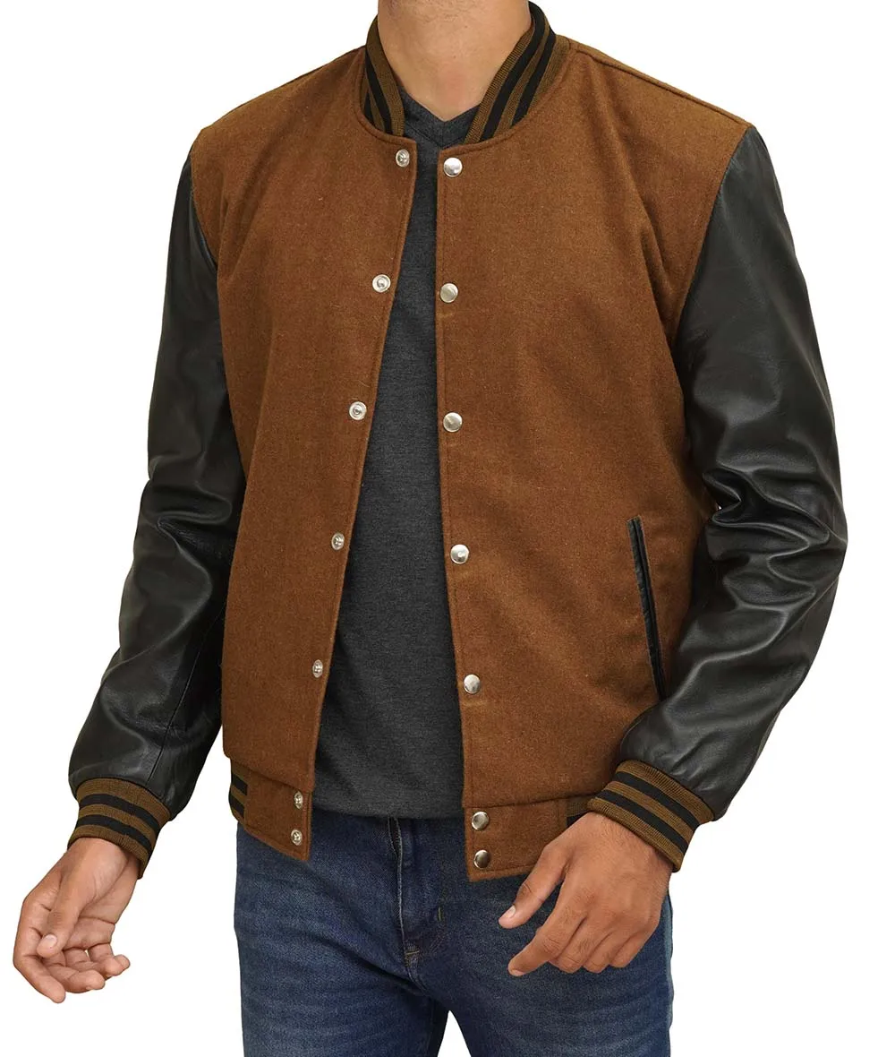 Brown Wool Chenille Embroidered Baseball Varsity Jacket for Men Custom Logo Regular Fit Fleece Autumn Season Letter Pattern