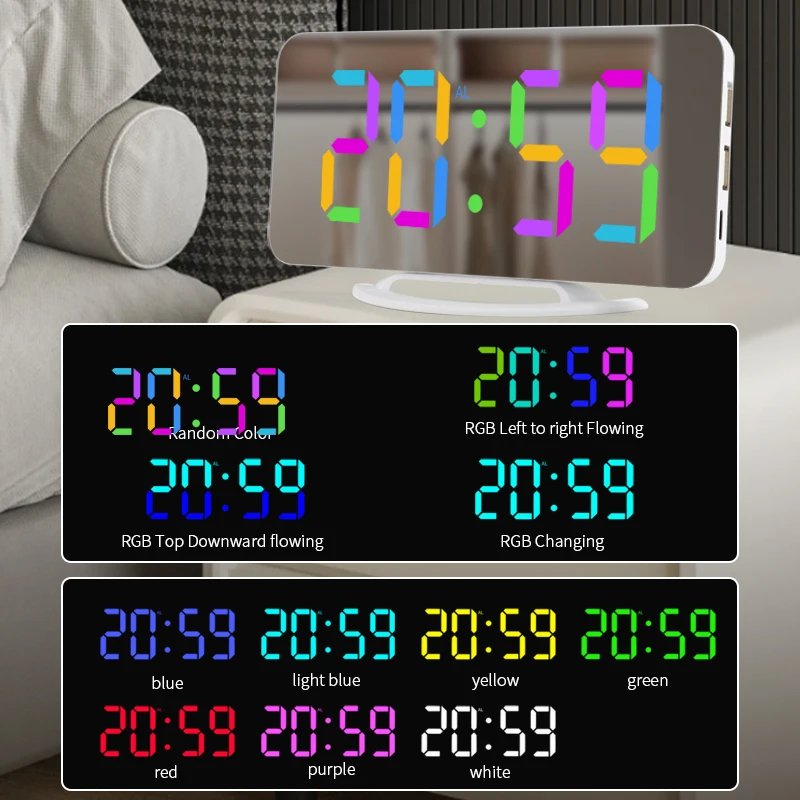 RGB будильник 7-дюймовые цифровые часы с большим дисплеем светодиодные зеркальные 11 цветными режимами 2 порта USB