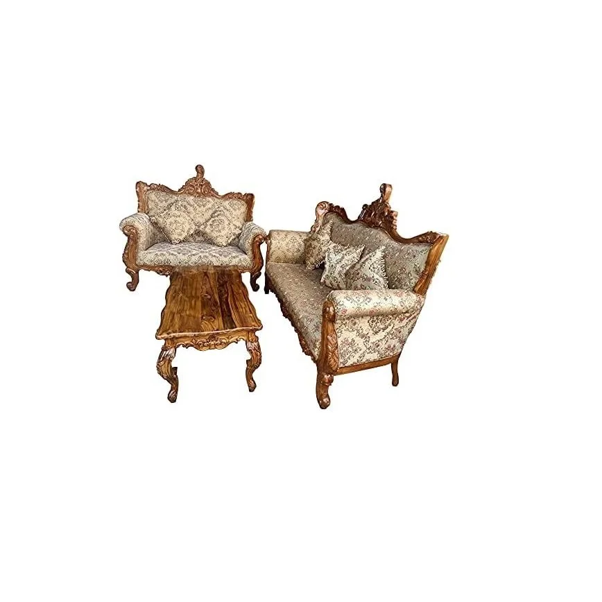 Three seats French light luxury sofa Solid wood carved fabric combination sofa Luxury villa European luxury couch