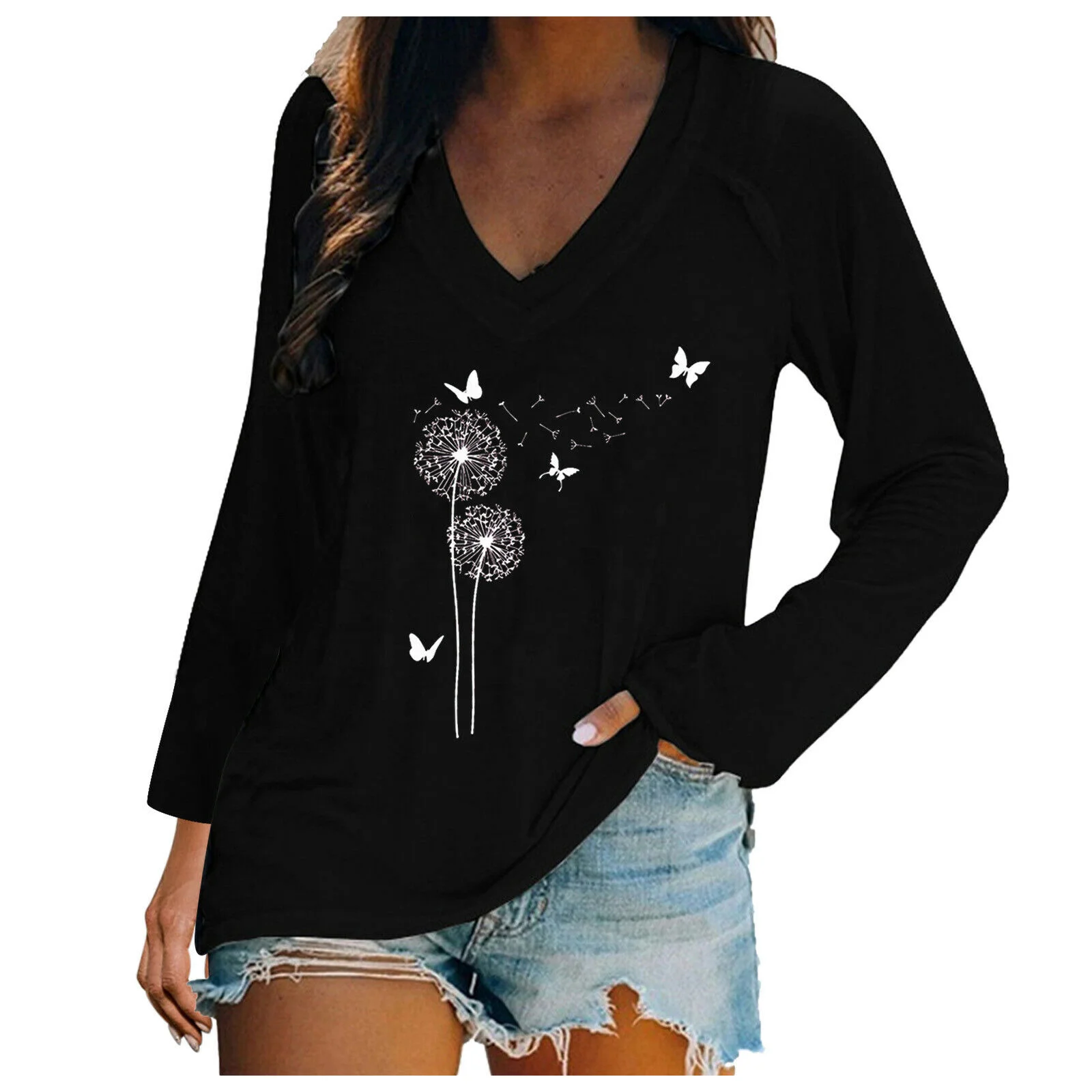 Latest 3d Digital Printed Women Casual V Neck Long Sleeve Casual T-Shirt Tops at Wholesale