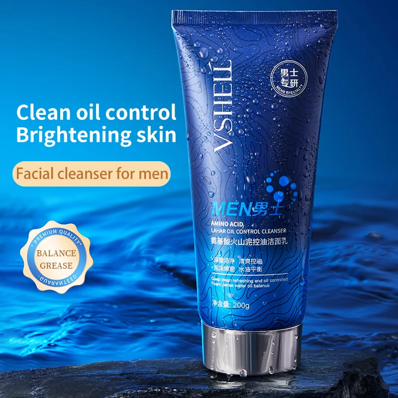 Mens Amino Acid Volcanic Mud Oil Control Face Cleanser 200ml Deep Cleansing & Pore Tightening Volcanic Mud Facial Wash for Men