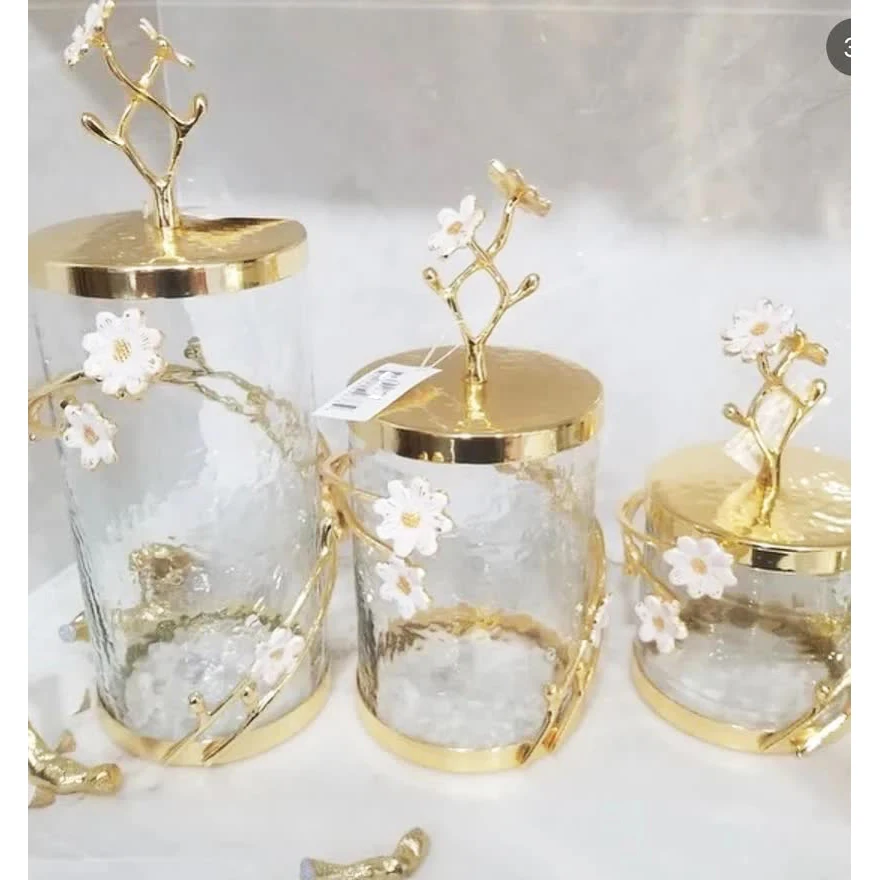 Luxury Brass and Glass Foods Biscuits/Cookies Canister Set of 3 for Kitchenware Equipment Unique Glass Foods Canisters Sets of 2