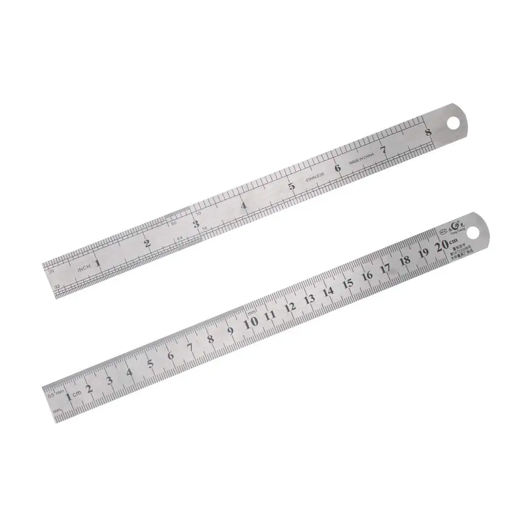 Steel Rulers made of steel having a double scale with one edge divided in inches and tenths and the other in cm and mm