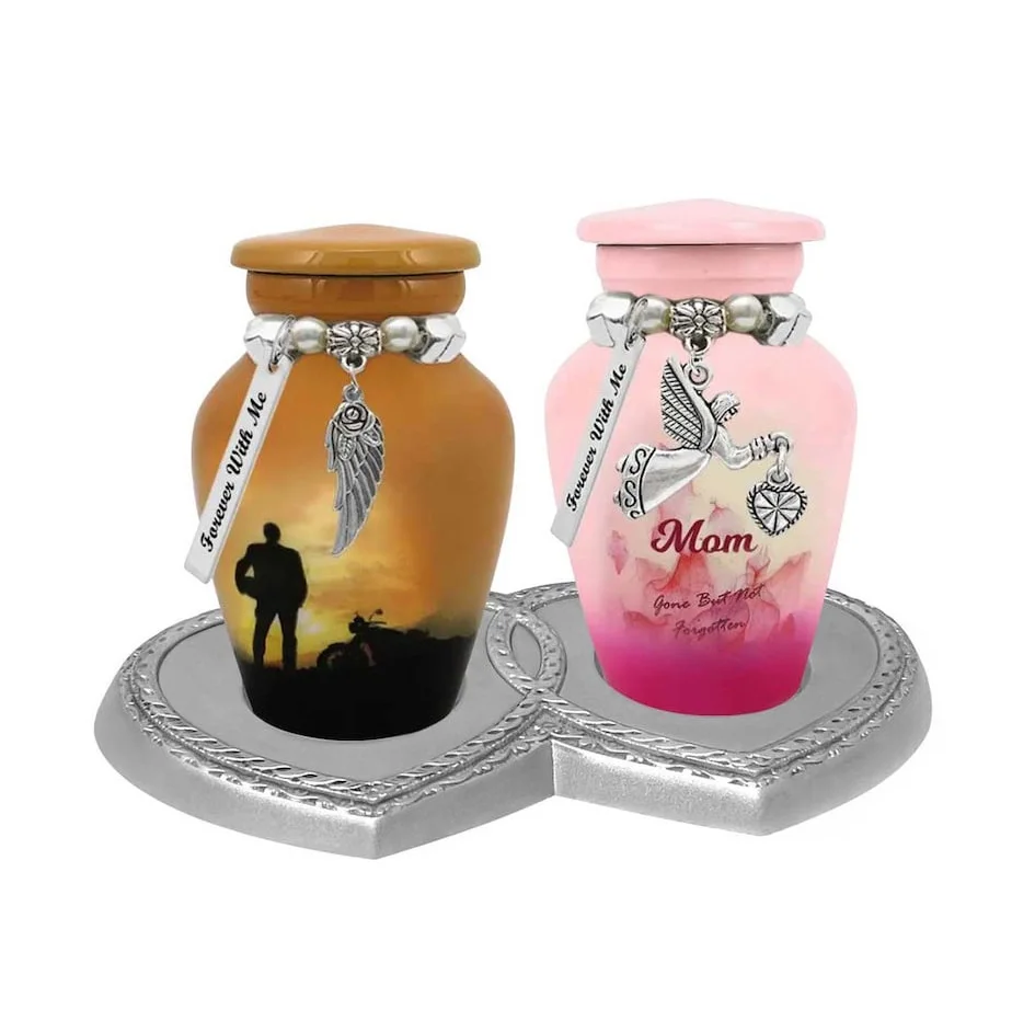 Double Heart Pewter Memorial Stand For 2 Mini Small Urns