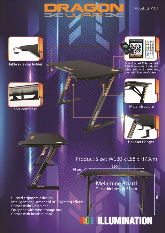 Dragon War RGB melamine fiber desktop apps light control RGB Z shaped steel leg cable box cup holder USB plug Gaming Table