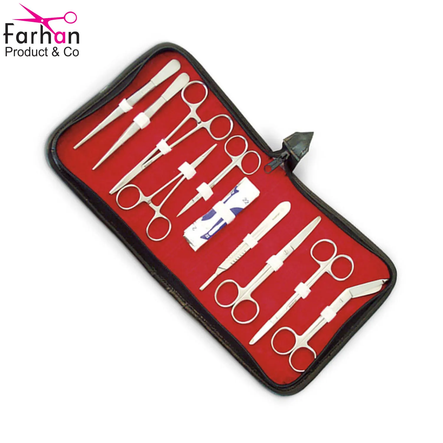 Customized 9 Pieces Surgical Kits With Scalpel Handle Knifes Blades Scissor Tweezer Tools Sets With Leather Case