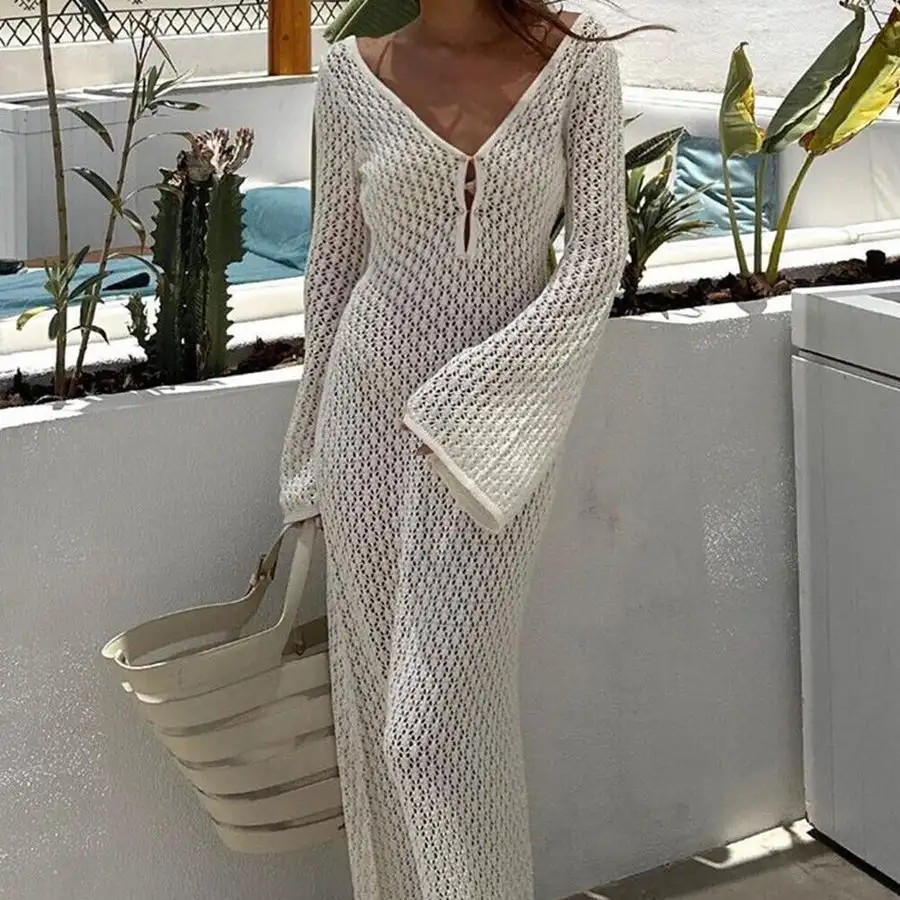 2024 летняя модная блузка сексуальное платье макси Прозрачное с V-образным вырезом на крючке ажурное пляжное трикотажное открытой спиной женское платье-свитер