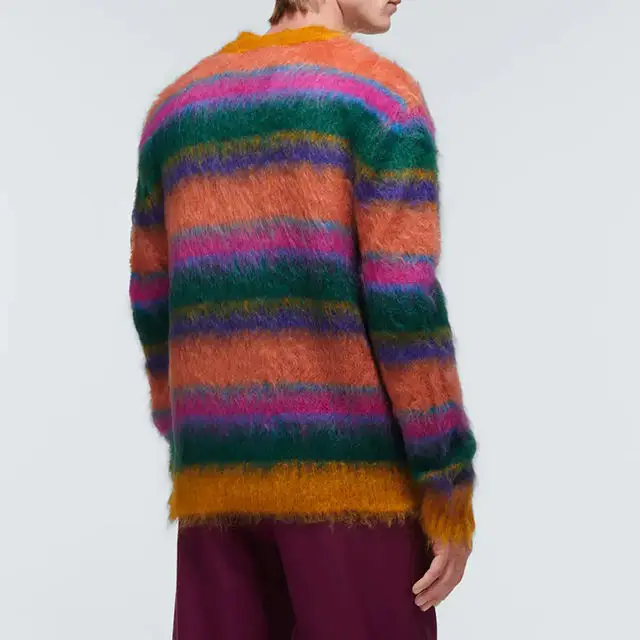 2023 Custom OEM & ODM mohair men sweater knitwear winter Striped mohair Fuzzy designer custom Cardigan knit sweater men