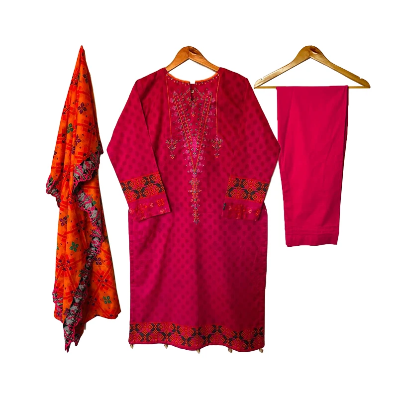 Wholesale Indian stylewomen kameez shalwar pakistani lawn suits in Coral Red Color Over Front Embroidery With Plain Trouser