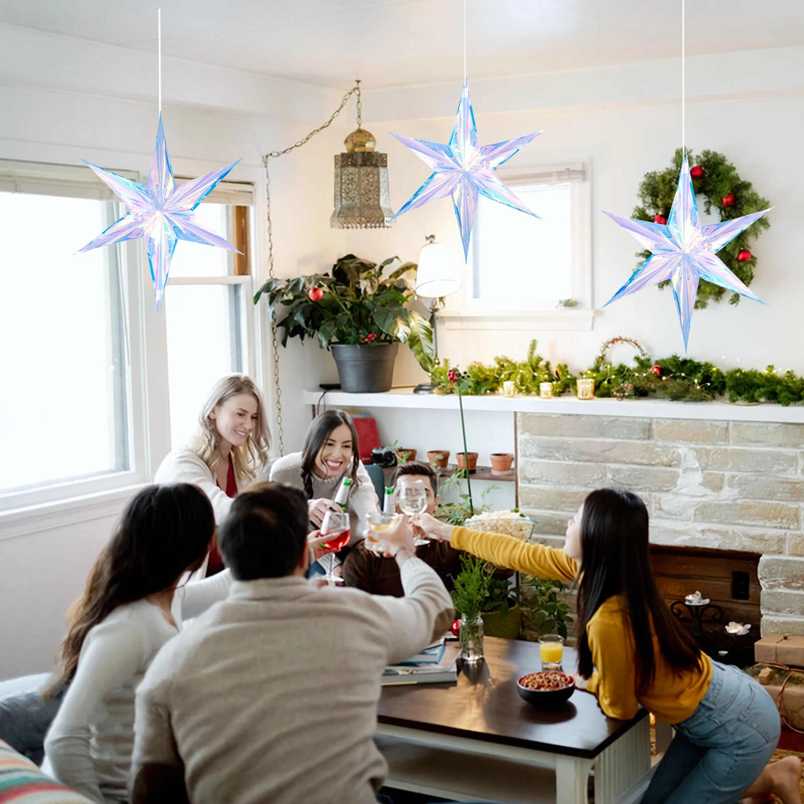 Iridescent Party Hanging Ornament Christmas Tree Star Snowflake Snow Decorative Paper Star for Christmas Party Decorations