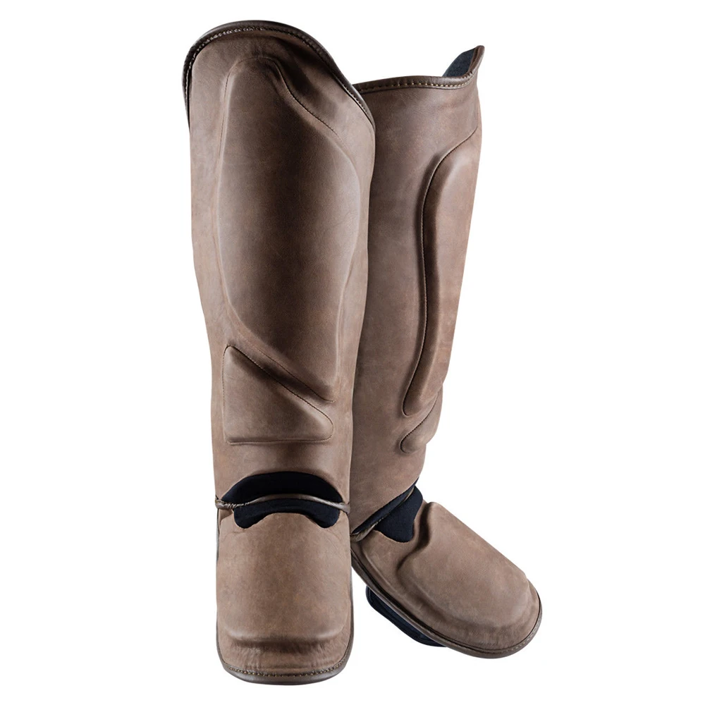 Custom Made Breathable Brown Color Professional Martial Arts MMA Boxing Strap Shin Pads for Unisex by Standard International