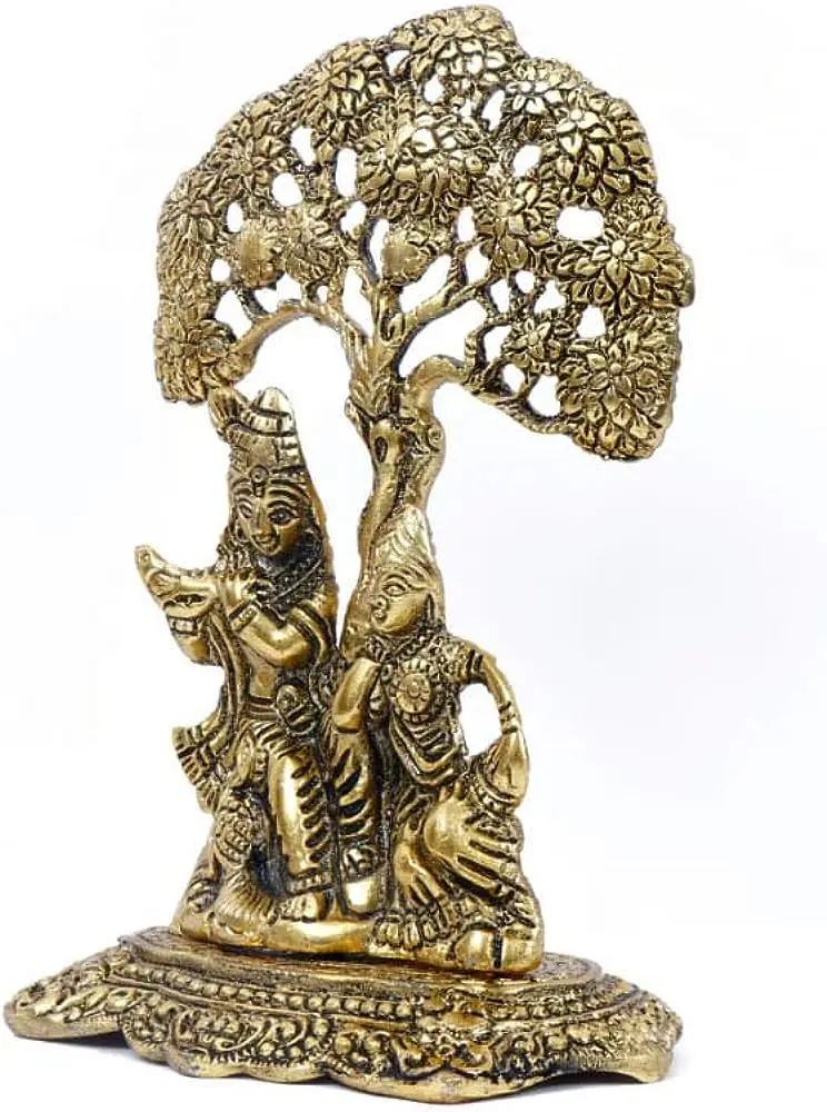 Handmade Golden Brass Radha Krishna Sitting Under Tree With Peacock in Unique Design from India