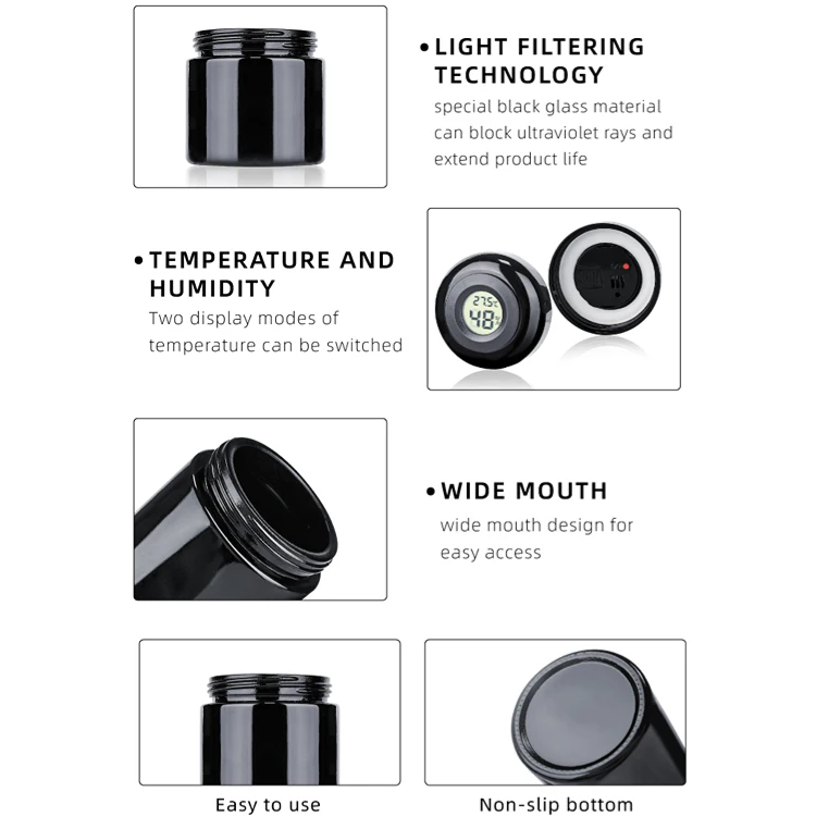 Wholesale UV violet glass jar bottle 4oz 250ml 500ml 1L smell proof black glass bottle with led temperature humidity display