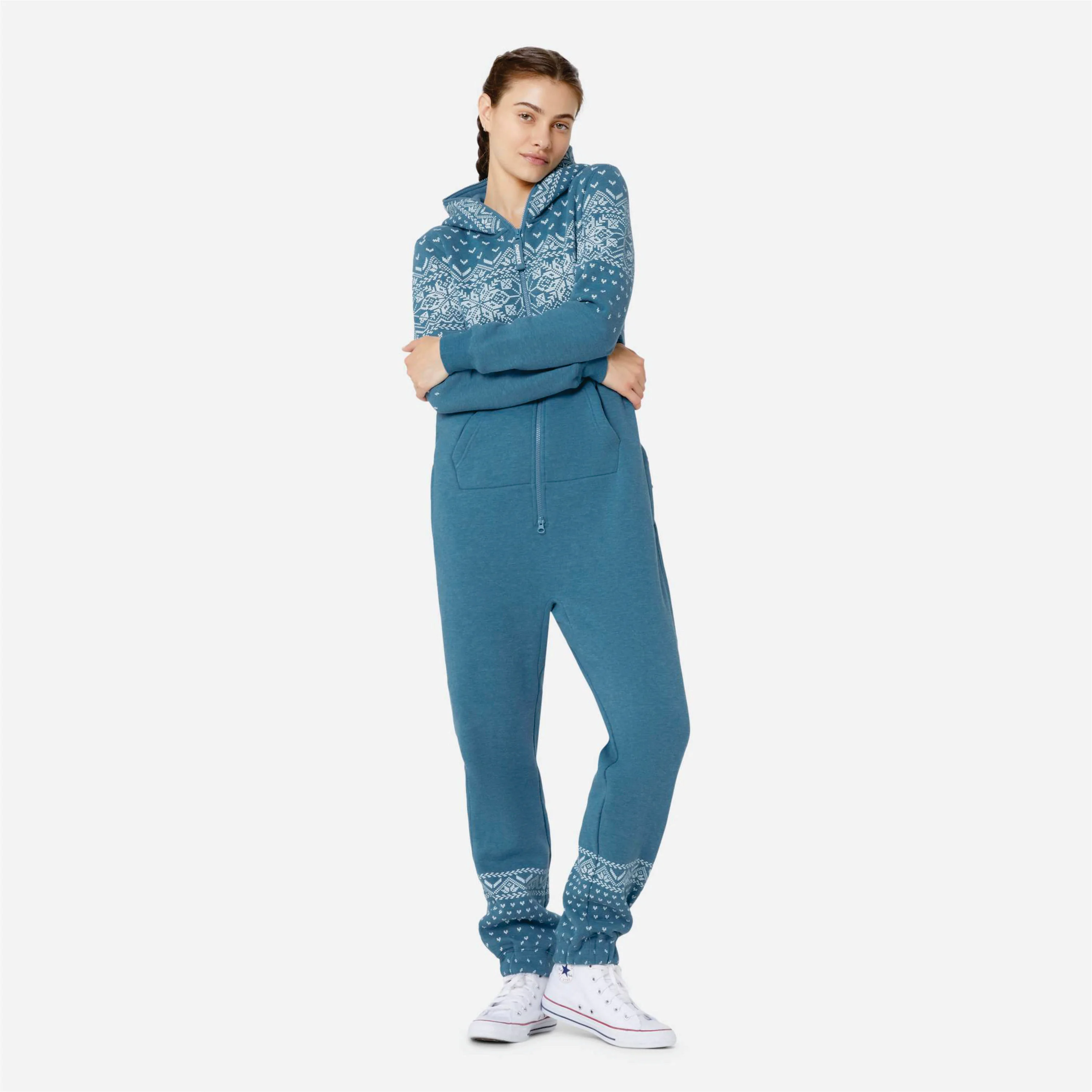 Print Detail and Embroidered Logo 50% Polyester 50% Cotton Side Pockets with Zipper Closure Unisex Faded Blue Alpine Jumpsuit