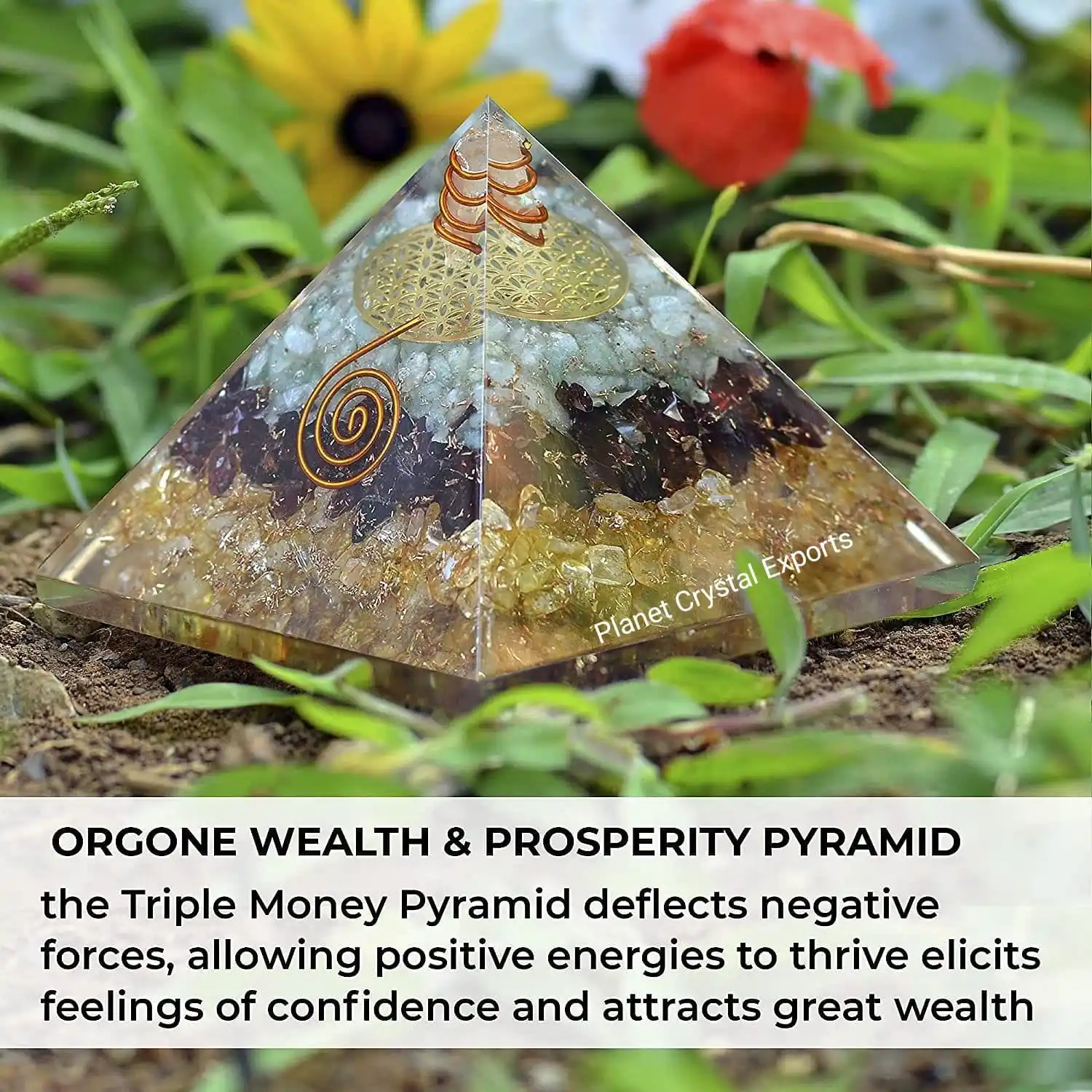 Orgonite Crystal Triple Money Pyramid Energy Generator Promotes Wealth & Prosperity With Green Aventurine, Red Garnet & Citrine