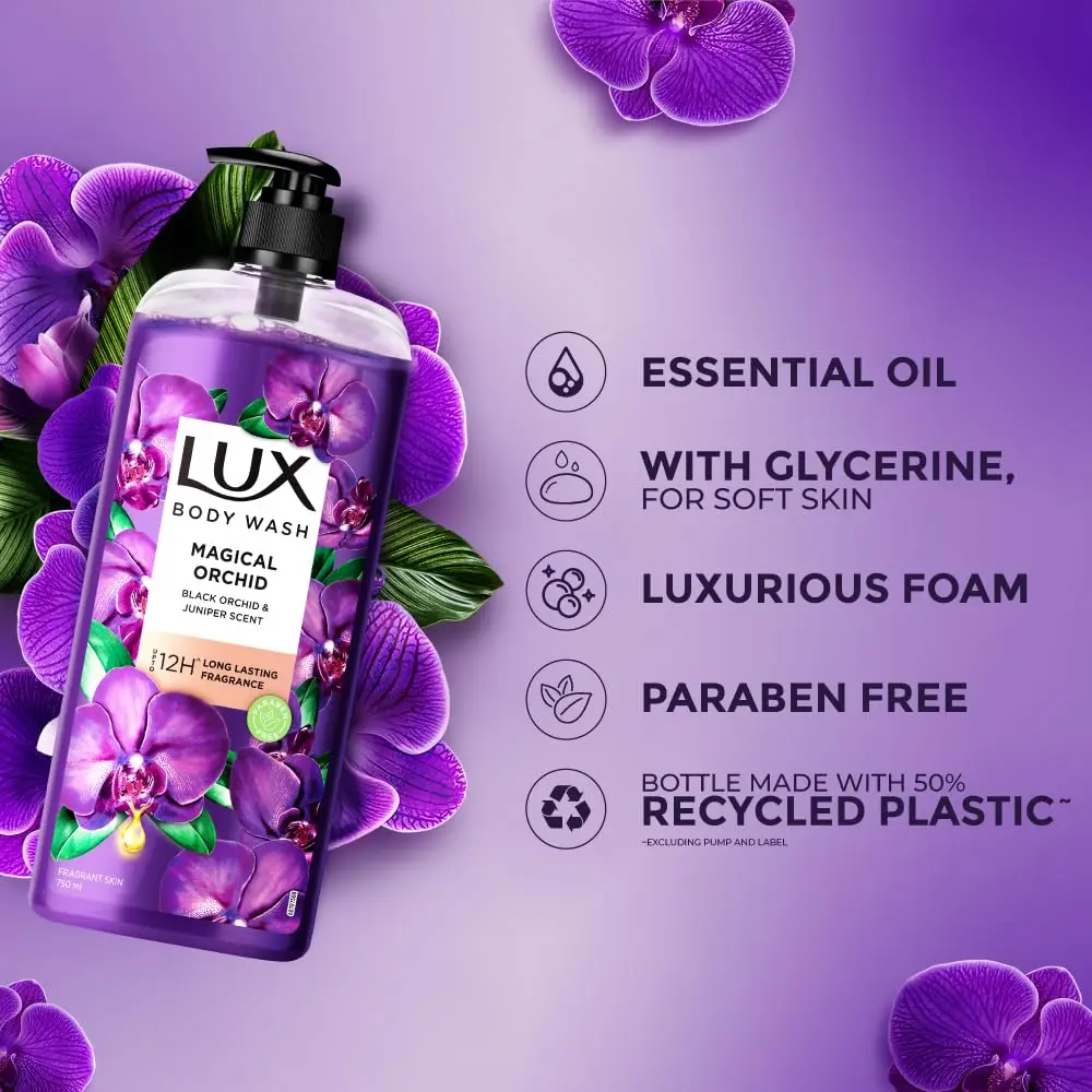 LuxBody Wash Fragrant Skin Black Orchid Scent & Juniper Oil SuperSaver XL Pump Bottle Glycerine, Paraben Free, 750 ml