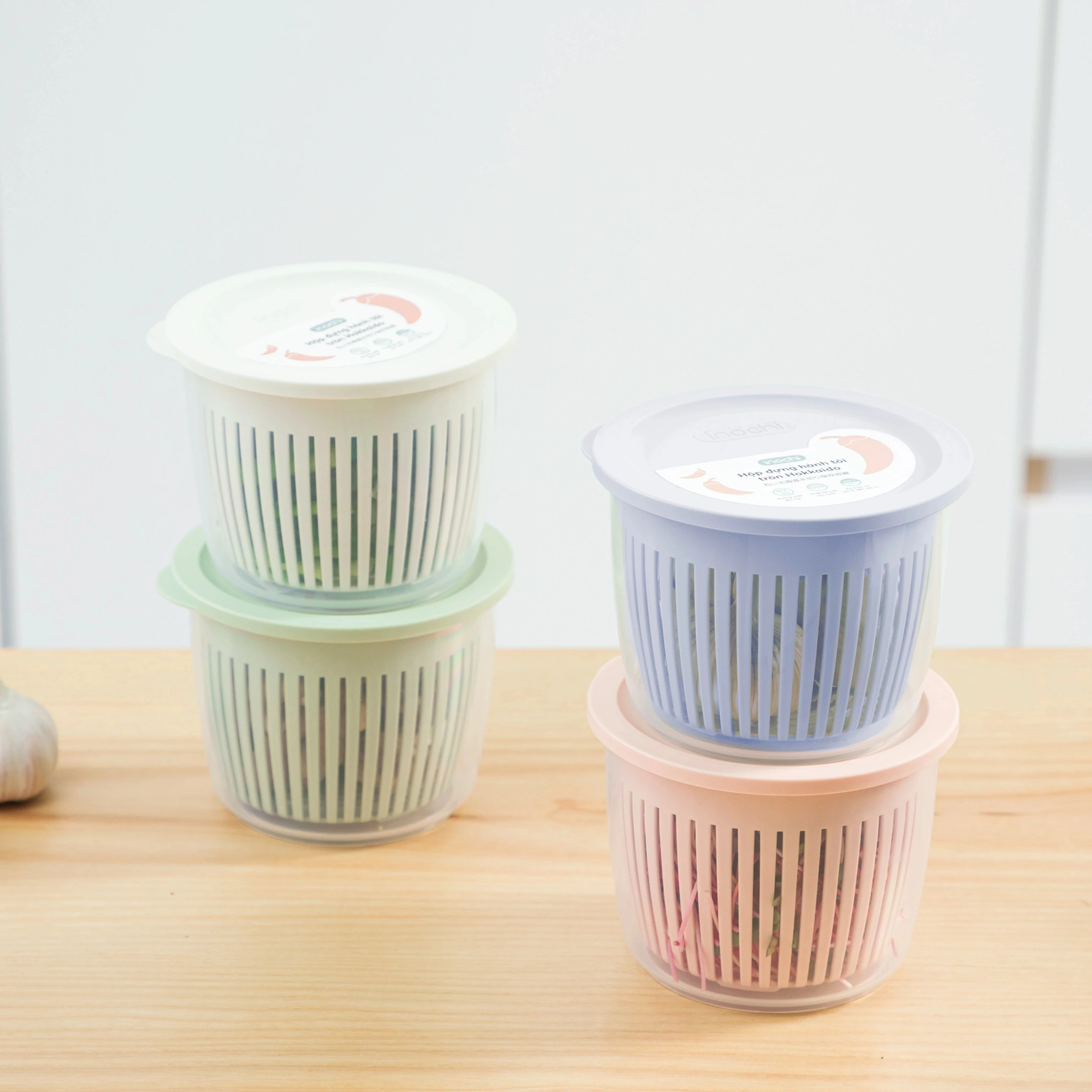 Manufacturing Dry Hokkaido round onion and garlic box colorful BPA free with mesh keep fresh clean drain secure seal