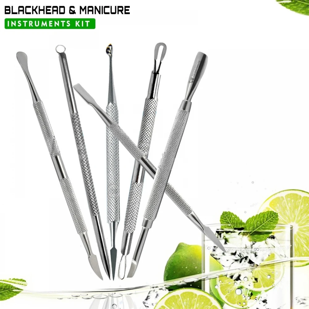 Finest Quality Acne Remover Blackhead Extractor Facial Spot Pimple Remover Stainless Steel Manicure Pushers Set 6Pcs